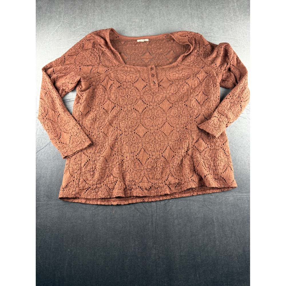 Maurices Womens 1X Terracotta Rust Crochet Lace Henley Top Square Neck Lined